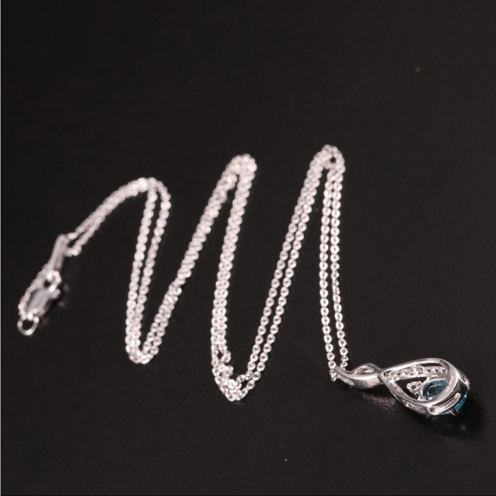 3 PIECES-Blue & White Topaz 925 Strlng Silver Necklace, Bolo Bracelet & Earrings - Picture 5 of 8